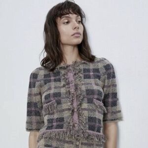 ZARA bubble sleeve tweed cropped jacket blazer purple tan fringe academia preppy